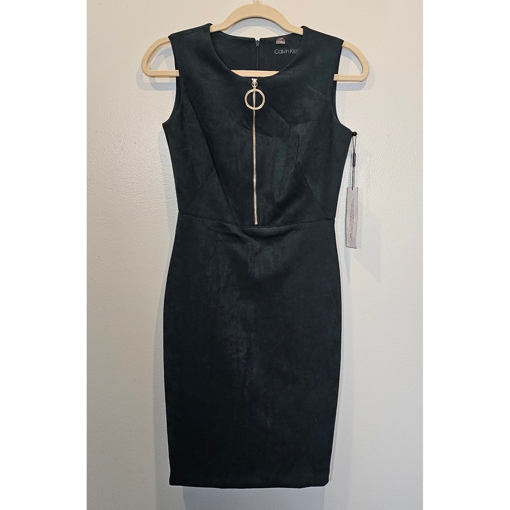 Calvin Klein Hunter Green Faux Suede O-Ring Zip Sheath Dress 4P CT9J1N8B NWT